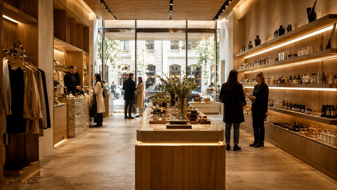 Espacio comercial con materiales cálidos
